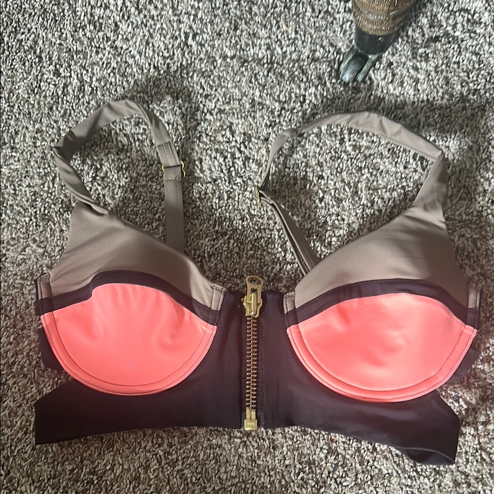 Beach Bunny Coral Black Bikini with Zipper Front
